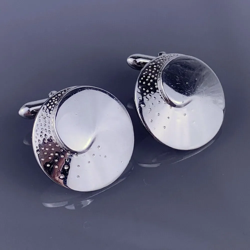 Simple Swirl Dots Round Cufflinks Silver Tone Swank 80’s Retro Formal Vintage